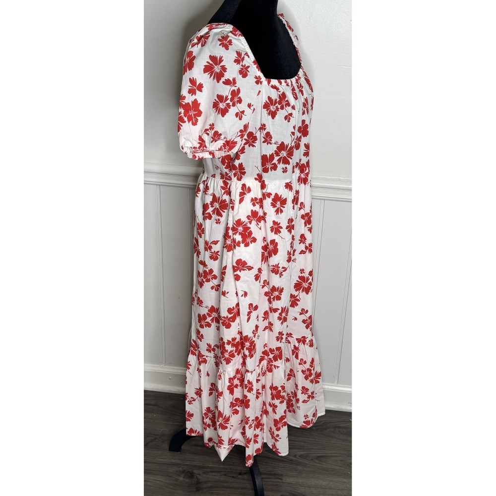 J.Crew Factory Dress‎ M White Red Hawaiian Floral Midi Tropical Pockets - Picture 4 of 8